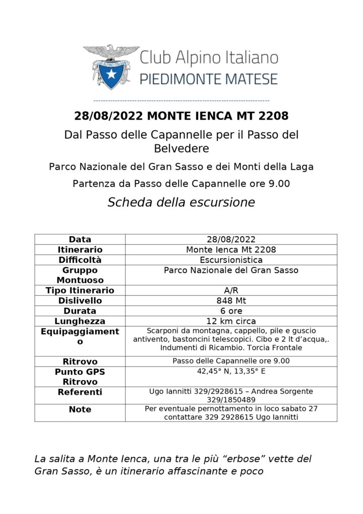 ANNULLATA – 28/08/2022 MONTE IENCA MT 2208