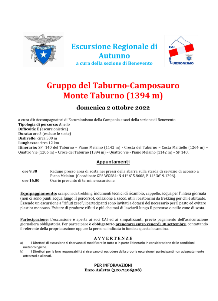 02/10/2022 – ESCURSIONE REGIONALE DI AUTUNNO – MONTE TABURNO