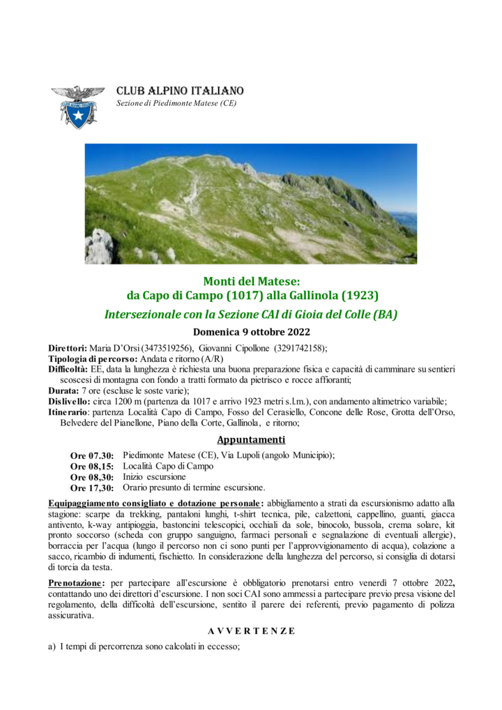 09/10/2022 – Monti del Matese: da Capo di Campo alla Gallinola – Intersezionale Gioia del Colle (BA)
