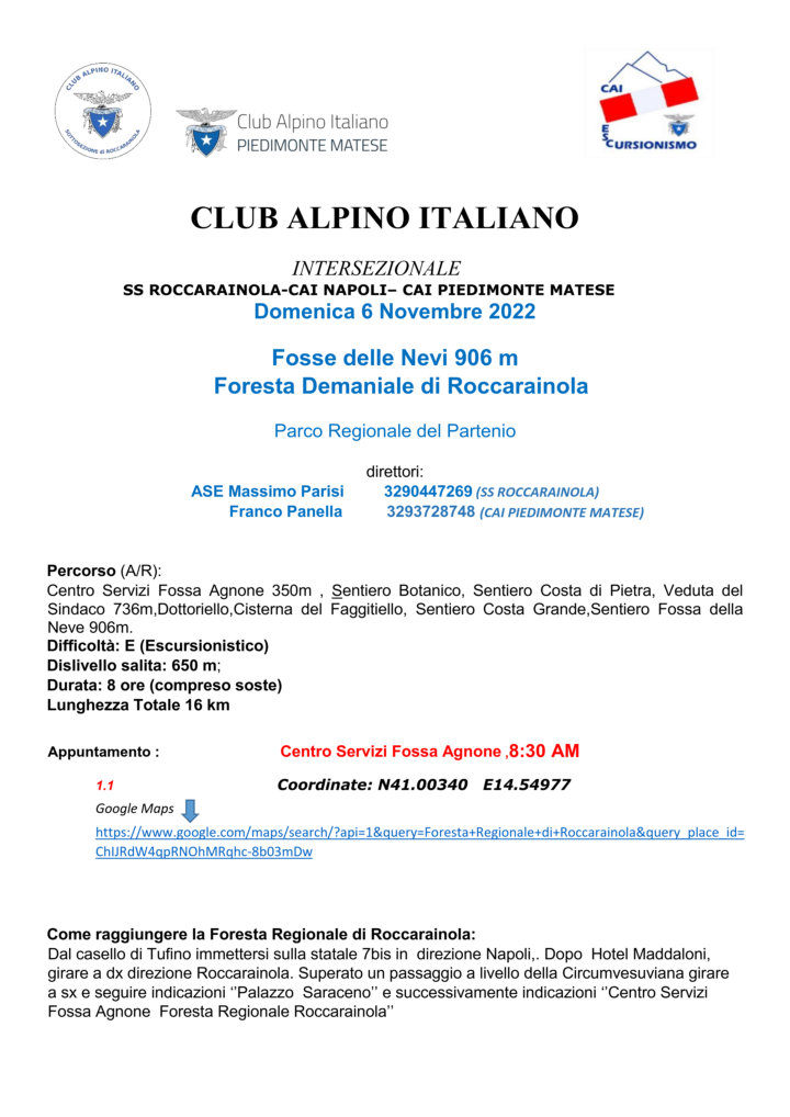 Domenica 6 Novembre 2022 – Fosse delle Nevi 906 m – Foresta Demaniale di Roccarainola – Parco Regionale del Partenio