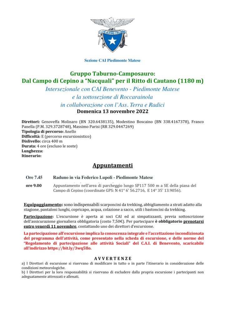Domenica 13 Novembre 2022 – Gruppo Taburno-Camposauro: dal campo di Cepino a “Nacquali” per il Ritto di Cautano