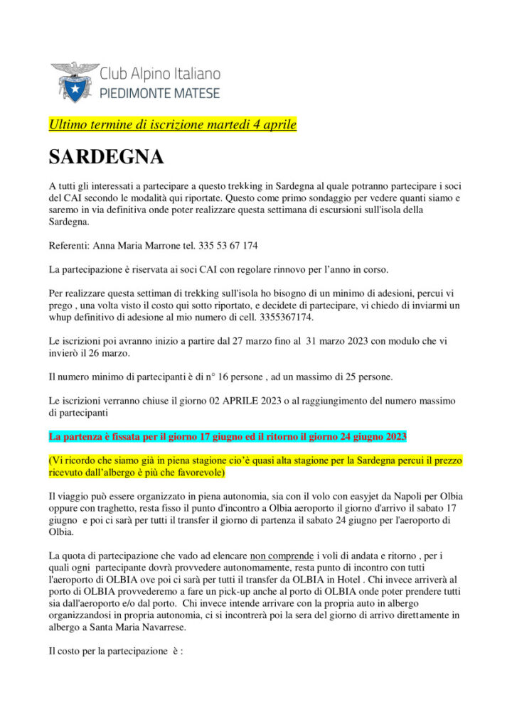 SARDEGNA - TERMINE ISCRIZIONI 04/04/2023