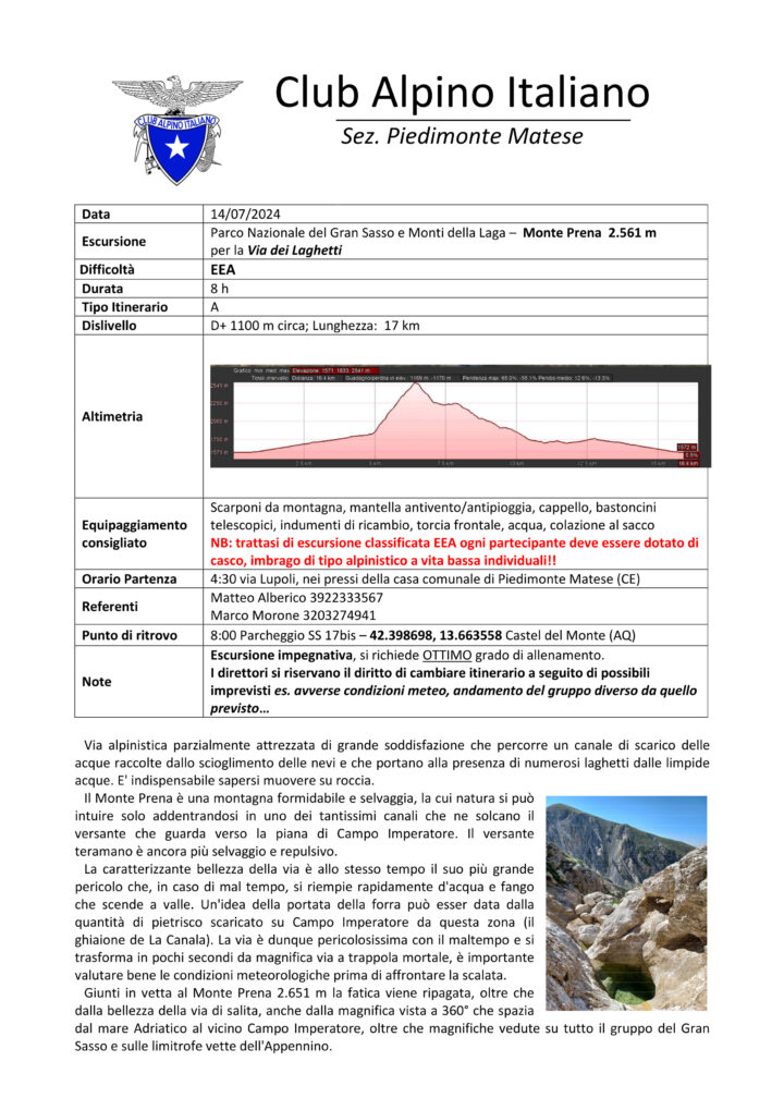14/07/2024 – PARCO NAZIONALE DEL GRAN SASSO E MONTI DELLA LAGA: MONTE PRENA 2561 m PER LA VIA DEI LAGHETTI