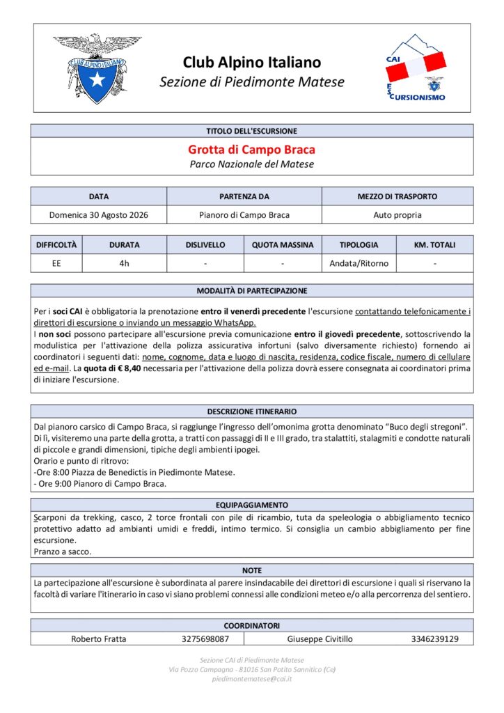 DOMENICA 30 AGOSTO 2026 - GROTTA DI CAMPO BRACA Scheda-escursione Grotta Campo Braca Modificata