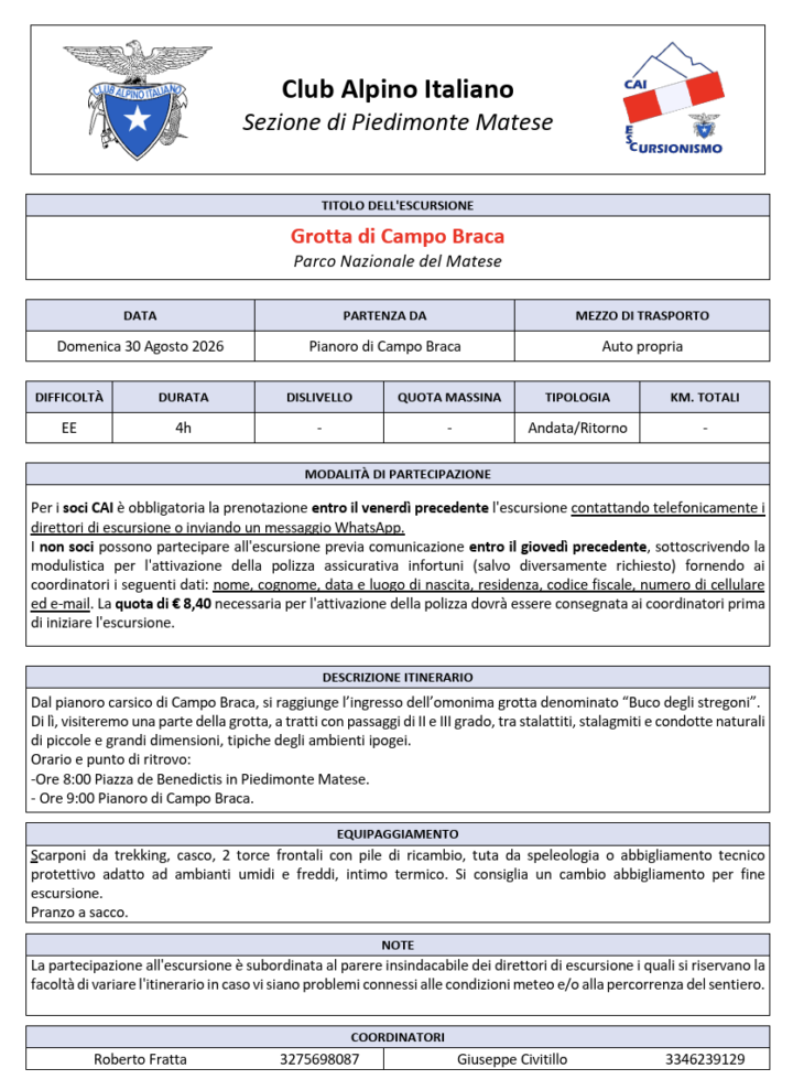 DOMENICA 30 AGOSTO 2026 - Grotta di Campo Braca