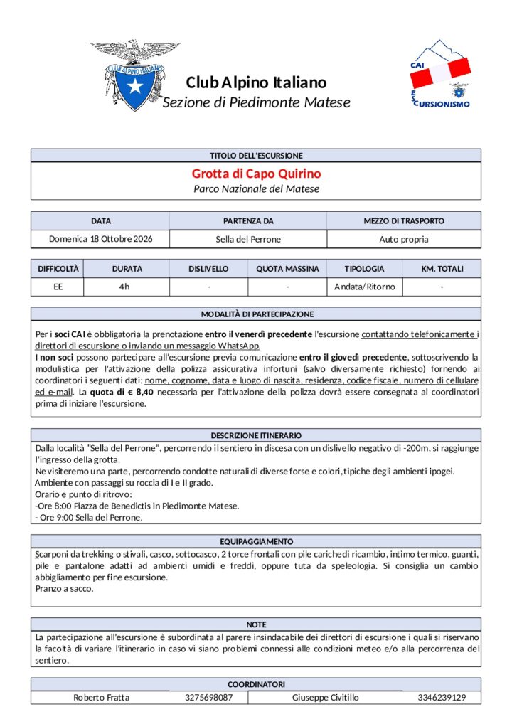 Domenica 18/10/2026 - Grotta di Capo Quirino